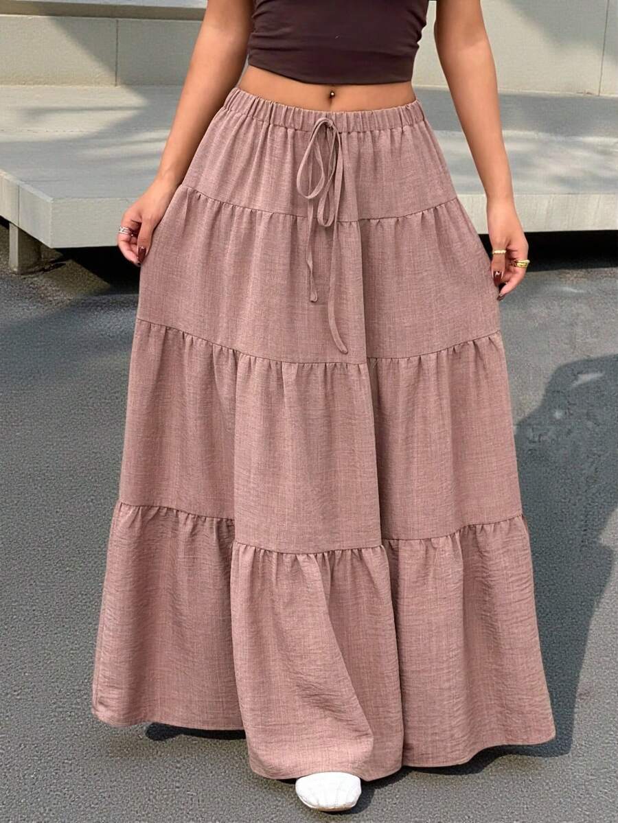 Muchica Chân váy dài dệt màu be giản dị dành cho nữ - Lạc đà - Xem 1