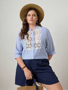 Zelara Plus Size Fabric Lace Hollow Out Sleeve Blouse Blouses For Women Casual Elegant Preppystyle French Style Blouse - Blue and White - View 5