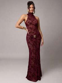 xheSilquee Vestido transparente con estampado floral en terciopelo negro, elegante y sexy, adecuado para otoño/invierno, San Valentín, Navidad, citas, fiestas, bodas y ocasiones formalesxhe - Burdeos - Ver 2