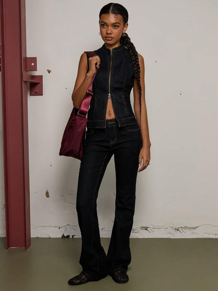 COUREZ FITTED SLEEVELESS DENIM TOP WITH CURVED COLLAR - Dark Wash - View 1