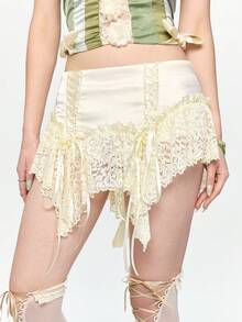 ROMWE Fairycore Minifalda asimétrica de encaje y parches de cintura baja para mujer, estilo vintage - Beis - Ver 4