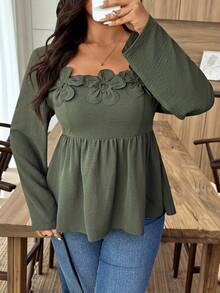 SHEIN Frenchy 大码女式方领立体花卉长袖收腰衬衫，绿色，适合各种场合。 - 綠色 - 查看 3