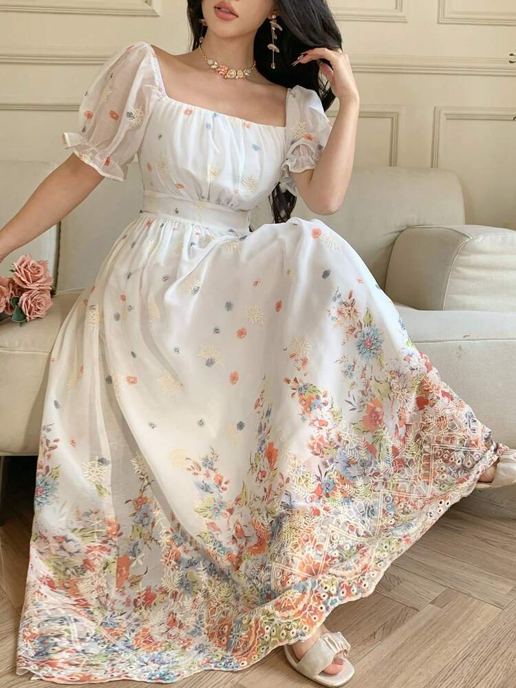 Women's Square Neck Short Sleeve Floral Print Dress, Elegant Resort Style Maxi Dress Sundress Boho