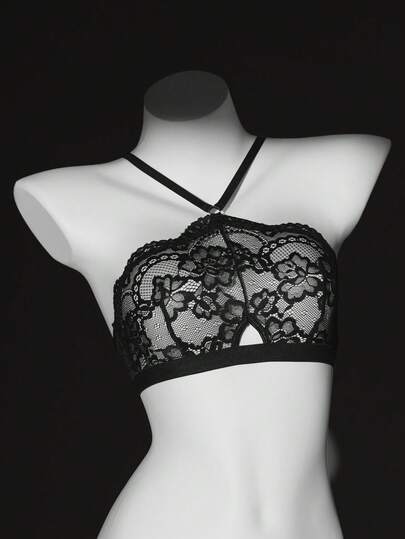 1件装女士蕾丝无钢圈纯色镂空挂脖文胸