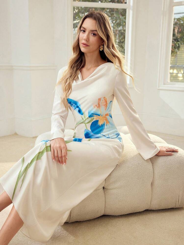 WOMEN'S ELEGANT MIDI DRESS WITH PLACEMENT PRINT, SUITABLE FOR DATES