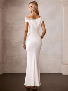 MOTF Soiréza ASYMMETRICAL SHOULDER LACE TRIM RUCHED WAIST MERMAID HEM COCKTAIL DRESS - White - View 3