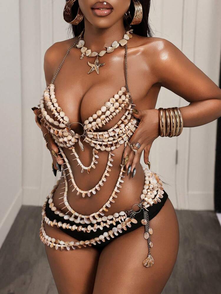 BamGleam Women's Summer Vacation Shell Beaded Sexy Bikini Set - Beige - View 4