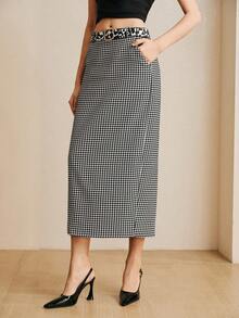 Arave 女士高腰修身铅笔裙，侧开衩设计，适合日常通勤 - 黑與白 - 查看 8