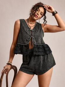 SHEIN LUNE Dark Green,Summer,Boho,Holiday Women's Plus-Size Cotton 2pcs Set:Snowflake Washed Babydoll Sleeveless Tie Front Peplum Top & Elastic Waist Shorts Set - Black - View 10