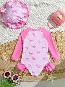 Sparklyn 女婴可爱弹力粉色撞色蝴蝶结印花荷叶边长袖两件套泳衣带帽子 - 粉色 - 查看 2