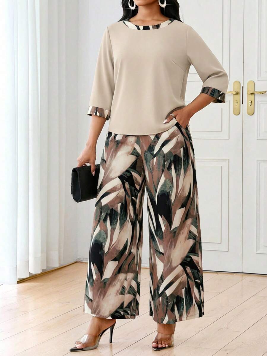 SHEIN Lady 大码撞色圆领休闲宽松七分袖百搭两件套阔腿裤套装上衣和裤子套装阔腿裤女士飘逸长裤女士端庄两件套女士端庄套装女士两件套优雅搭配女士休闲套装女士优雅时尚套装女士两件套 - 彩色 - 查看 1