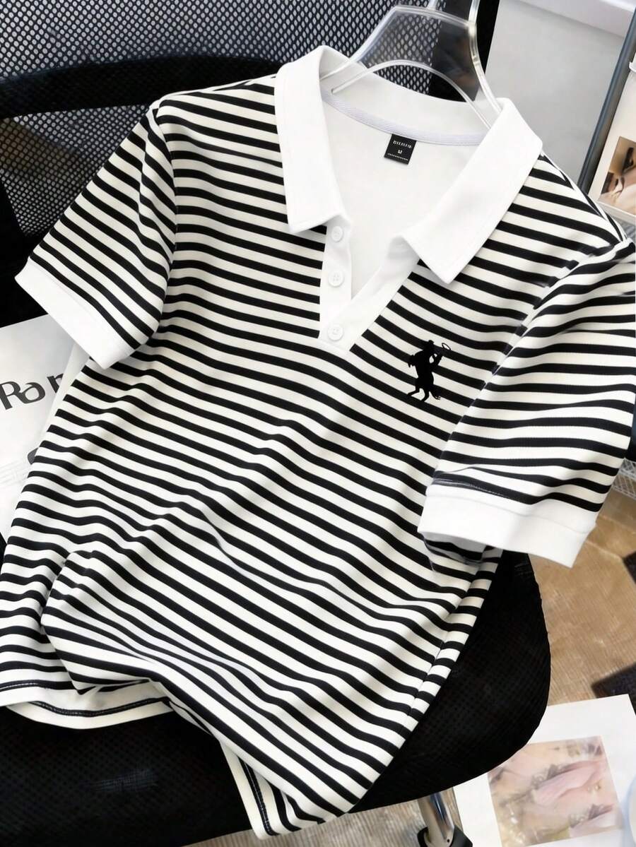 Manfinity Joysei Basic Shirt  Men's Striped Knight Print Casual Versatile Commuting Short Sleeve Polo Shirt Spring To Summer Vacation Outfits  Holiday Outfits Summer Holiday Outfits Tops For Women Summer Tops Going Out Tops - Multicolor - View 1