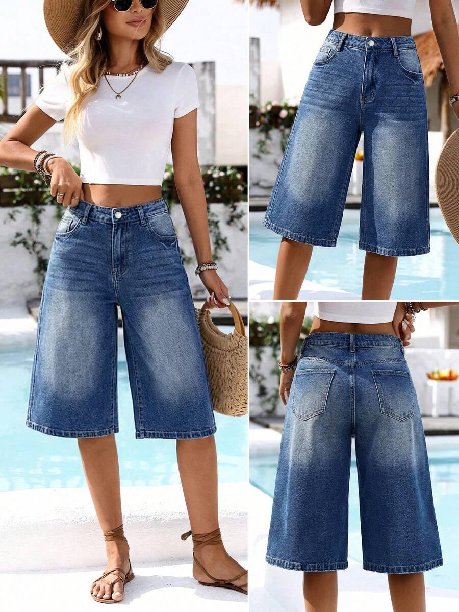 Breezaya 女士直筒七分裤休闲牛仔裤，带腰带环，时尚夏季款 - 淺色水洗藍 - 查看 1