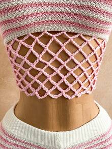 Soleia 2pcs Women Striped Knit Casual Hollow-Out Fashion Tube Top & Sweater Set - Pink - View 4