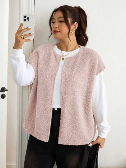 Lounesse Plus Size Women Metal Buckle Vest Jacket, Faux Suede Fabric, Thick Warm Jacket For Daily Wear & Commuting