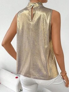SHEIN LUNE Blusa sin mangas de cuello alto metálica para mujer - Dorado - Ver 2