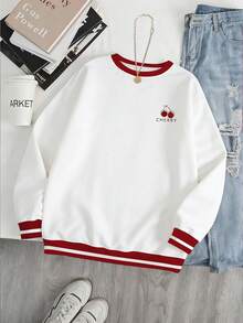 Resyla 女士休闲套头卫衣，秋冬季新款，户外休闲运动款，红白撞色，樱桃印花设计，返校季，约会，甜美风格，女士常规圆领卫衣 - 白色 - 查看 4