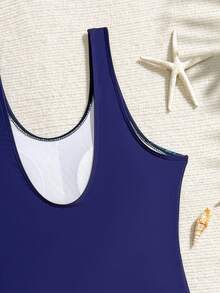 SHEIN 少女连体泳衣，黑色碎花连体泳裤，时尚休闲优雅淑女风设计，适合游泳、度假、夏季海滩、泳池等场合。 - 藏蓝色 - 查看 6