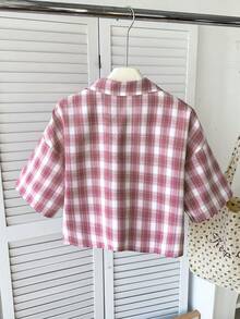 SHEIN Áo sơ mi ngắn tay kẻ caro cổ điển thường ngày dành cho bé gái tuổi teen - Đỏ - Xem 2