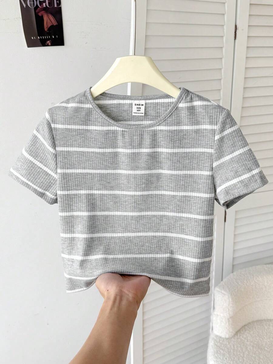 SHEIN Tween Girl Casual Mixed Striped Knit Crew Neck Short Sleeve Top,Kids - Light Grey - View 1