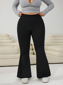 SHEIN Tall CURVE Plus Size Women Casual Solid Color High Waist Flare Leg Pants, Versatile For Daily Commute Plus Size Flare Pants Flared Leggings For Women Plus Size Bell Bottoms Yoga Pants Plus Size Maternity Clothes Maternity Pants,High-Elastic Pants - Black - View 6