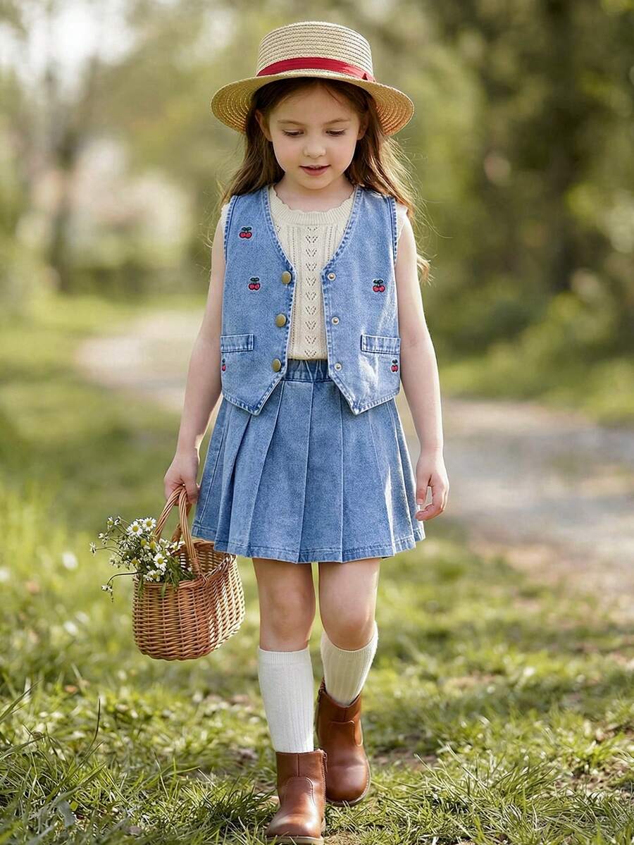 SHEIN Vintaside Kids Regata Casual Solta Lavada em Azul Claro para Meninas Jovens, Design Fofo de Pêssego; Combinada com Saia Denim Plissada de Cintura Elástica. Feita de Denim de Algodão Macio e Leve, Um Item Essencial para Meninas da Moda, Adequado para Uso na Primavera/Verão, Casual, OOTD, Passeio, Festa. Novo Lançamento para o Outono de 2025 - Lavagem Média - Visão 1