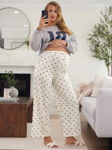 SHEIN 孕妇蝴蝶结印花抽绳腰带口袋阔腿宽松休闲裤 - 卡其色 - 查看 6