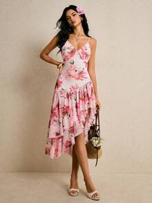 Poéselle Women's Floral Print Asymmetric Ruffle Hem Spaghetti Strap Midi Dress,Blush Pink,Summer,Tropical,Vacation,Holiday Beach Wedding Guest Elegant Dress - Pink - View 8