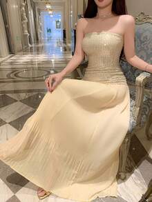 DAZY Sequin Strapless Midi Dress For Women Sparkly Dress Sundress - Silver - View 6