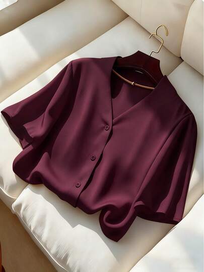 Franclia Elegant Blouses Casual Blouses Everyday Blouses Fashion Blouses Maroon Short Sleeve Blouses For Women Satin Fabric Loose Fit Women's Blouses Suitable For Commuting Blouses Everyday Elegant Blouses Party Blouses Elegant Women's Blouses Casual Women's Blouses Romantic Valentine's Day Blouses Dating Women's Blouses Graduation Clothing Blouses Fashion Casual Commuting Wear Women's Blouses Business Office Wear Blouses Multipurpose Fashion Daily Casual Wear Urban Teacher Professional Wear Ladies Elegant Blouses Shiny Ladies Blouses Ladies Party Blouses