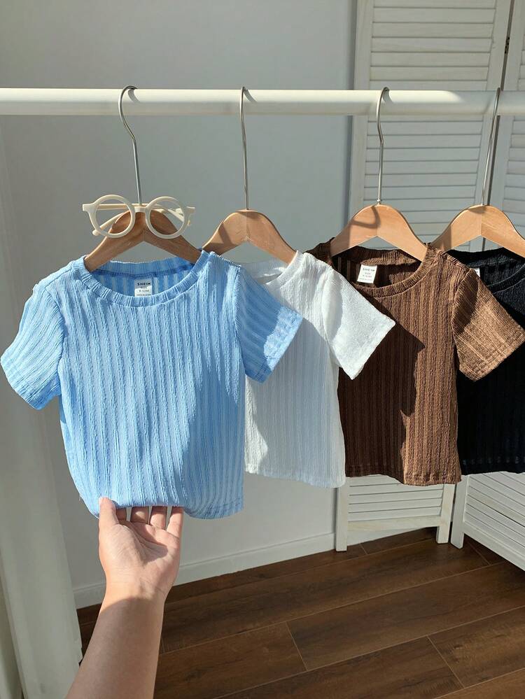 SHEIN 4pcs/Set Unisex Baby Boy/Girl Casual Solid Color Short Sleeve T-Shirt Knit Top Set, Spring/Summer Baby Clothes Cute Tops Baby Tops - Multicolor - View 4