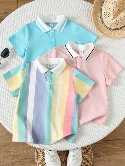 SHEIN 3pcs Young Boy Casual Sports Collegiate Vacation Colorful Striped Print Pattern Polo Shirt , Suitable For Kids, Back To School, Suitable For Daily Wear, School, Outdoor, Spring/Summer , Suitable For Summer ,Easter Gift For Young Boy