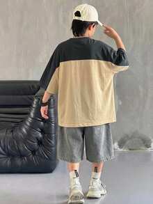 SHEIN Little Byeori 男童休闲宽松字母印花落肩短袖T恤和牛仔短裤套装，卡其色T恤套装，工装裤，Y2K风格套装，夏季短裤，幼儿男童服装，适合春夏、郊游、情人节、约会、旅行、度假、家庭聚会、返校、婚礼、正式场合、运动、生日派对等场合。 - 彩色 - 查看 2