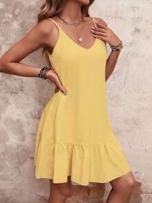SHEIN VCAY Vestido casual de verano de unicolor con volantes en los tirantes - Amarillo claro - Ver 3
