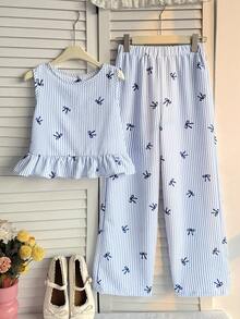SHEIN Tween Girls Vacation Casual Woven Blue Bow Print Striped Cami Top & Wide Leg Pants Set,Bule Striped Vest Two Pieces Set - Blue - View 4