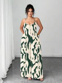 Elenzga Bộ jumpsuit nữ cỡ lớn thanh lịch in hoa, dây đeo có thể điều chỉnh, thời trang và tinh tế cho đầu xuân. - màu xanh lá - Xem 7