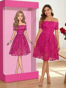 Ellevyn 女士新款优雅露肩收腰A字连衣裙，修身剪裁，适合情人节、约会、下午茶等场合 - 玫紅色 - 查看 1