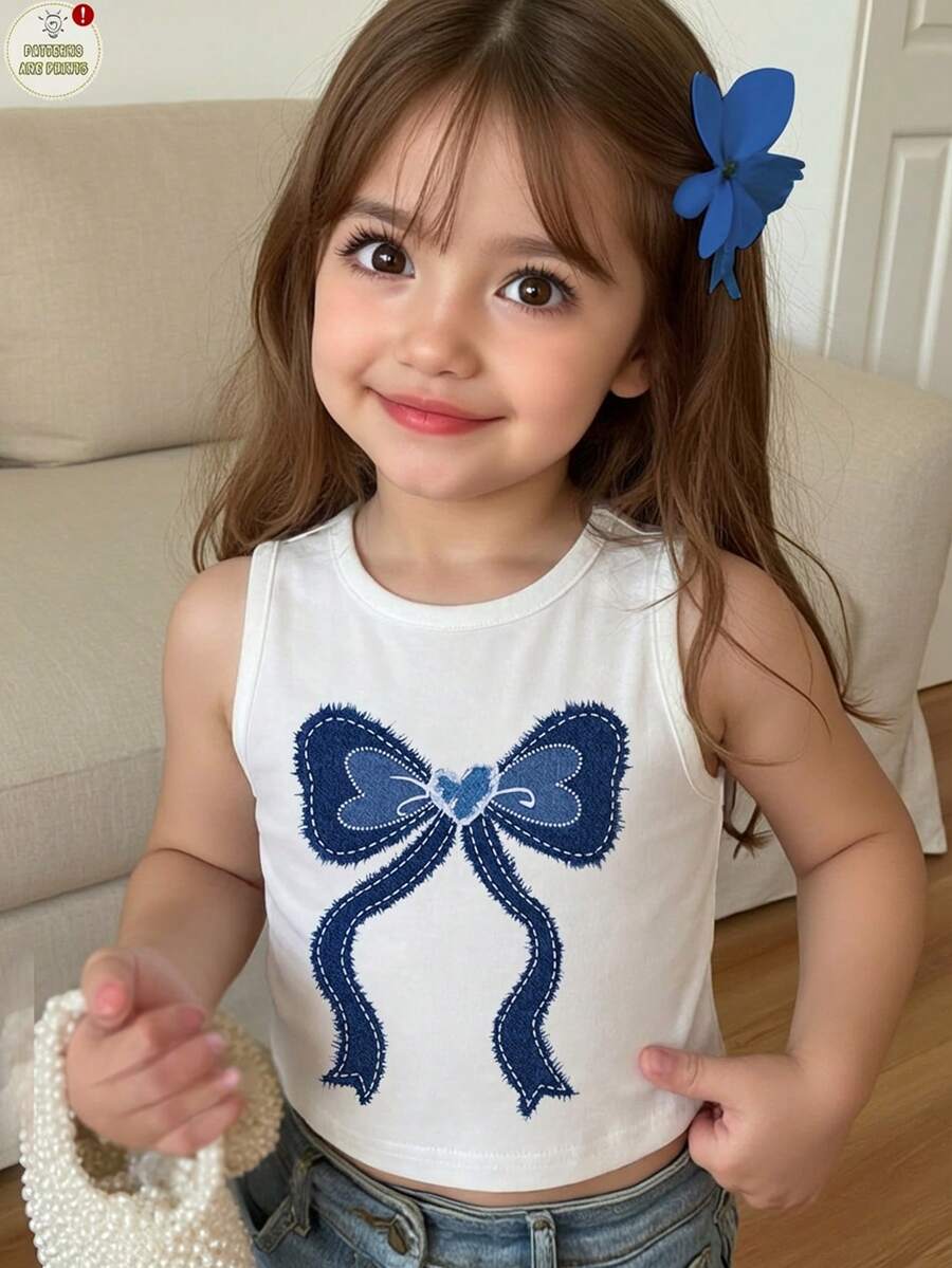 SHEIN Happikins Young Girl Casual Minimalist Cartoon Bow Pattern Sleeveless Round Neck Tank Top, Suitable For Summer - Multicolor - View 1