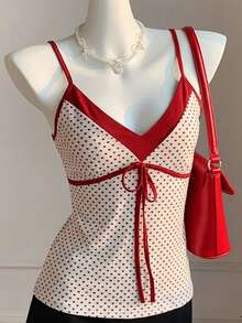 SHEIN EZwear 情人节休闲简约爱心波点印花撞色系带吊带背心（女款） - 彩色 - 查看 3