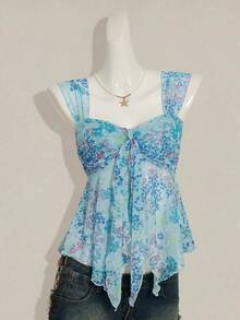 SHEIN ICON 女士碎花不对称下摆可爱碎花衬衫，甜美夏秋上衣女装 - 藍色 - 查看 4