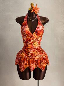 Zestiva Women's 2 Pieces Swimsuit, Fashionable Waist Ruched Front Deep V-Neck Halter Cake Skirt, Summer - Orange - View 3