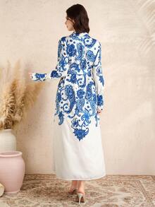 SHEIN Pregnant Women's Elegant Paisley Print Long Sleeve Dress - Blue - View 2
