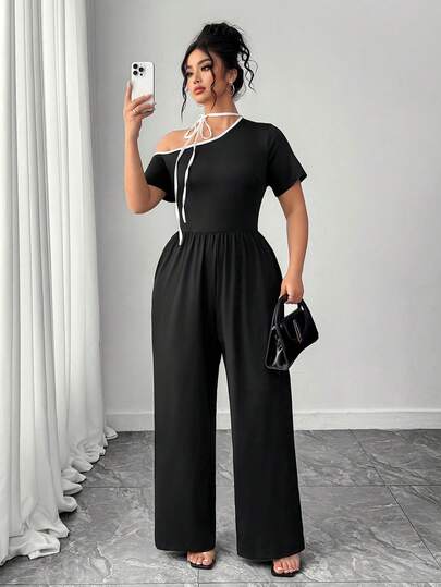 Elenzga Mono de manga corta con hombros descubiertos y lazo, elegante y minimalista, para mujer de talla grande, para primavera/verano