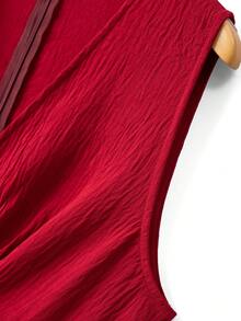 GlowEve CURVE Plus Size Summer Casual Solid Color Overlap Collar Pleated Dress, Suitable For  Day - Red - View 7