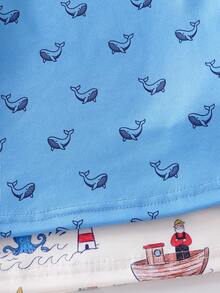 男婴海军卡通鲸鱼船海洋主题图案短袖睡衣四件套，贴身款，图案随机 - 藍白色 - 查看 5