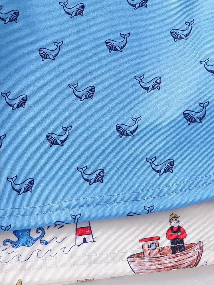 男婴海军卡通鲸鱼船海洋主题图案短袖睡衣四件套，贴身款，图案随机 - 藍白色 - 查看 5