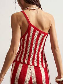 Bohemela Asymmetric Hem Striped One Shoulder Vacation Beach Top - Red - View 7