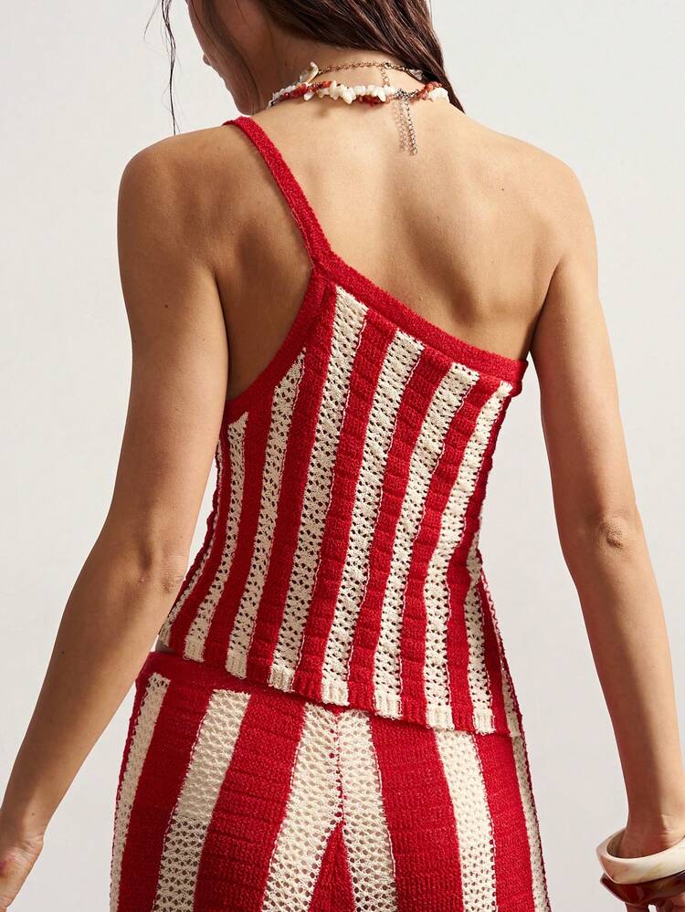 Bohemela เสื้อเบลาส์ชายหาดวันหยุดไหล่ข้างเดียวลายทางชายเสื้อไม่สมมาตร - สีแดง - ดู 7