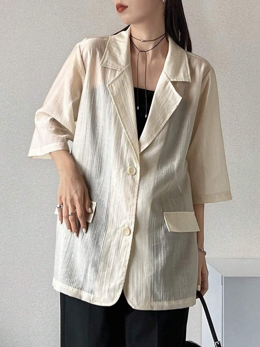 FRIFUL Áo khoác blazer nữ tay lửng, cài một hàng khuy, kiểu dáng thường ngày/công sở, mùa hè. - Màu be - Xem 1
