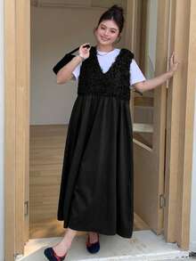 Dazy Plus Plus Size Summer Casual Patchwork Textured Fabric Sleeveless Dress Sundress - Black - View 4